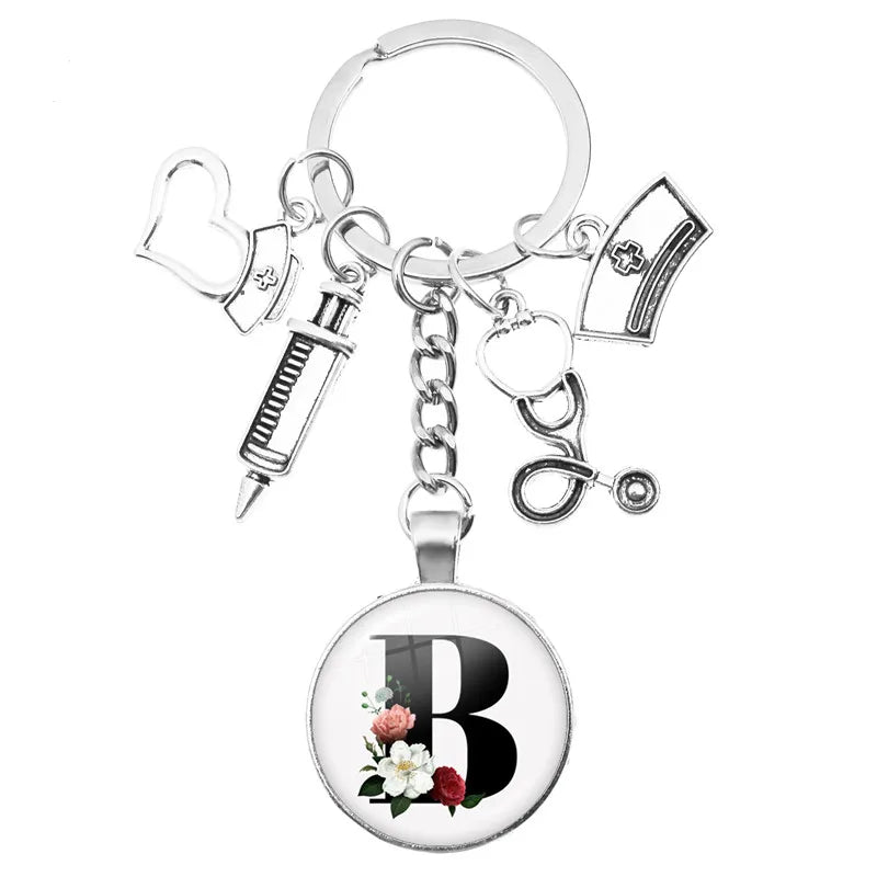 Latest Home Stethoscope Nurse Syringe Keychain A-Z Round Glass Dome Cabochon Pendant Men and Women Fashion Charm Keychain