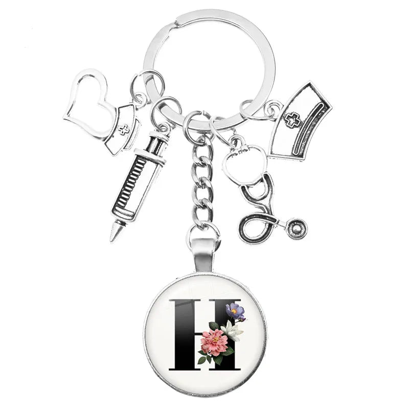 Latest Home Stethoscope Nurse Syringe Keychain A-Z Round Glass Dome Cabochon Pendant Men and Women Fashion Charm Keychain