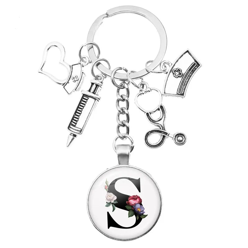 Latest Home Stethoscope Nurse Syringe Keychain A-Z Round Glass Dome Cabochon Pendant Men and Women Fashion Charm Keychain
