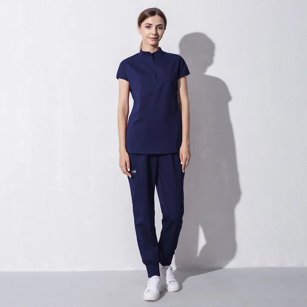 High Quality Denim Gray Scrubs Suits Tooth Check Workwear Spa Uniforms Beautician Scrub Work Suit Wholesale Scrubs Women Uniform