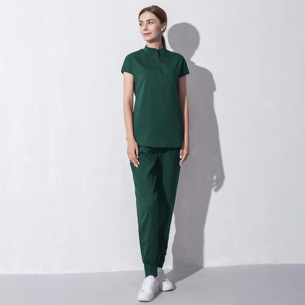 High Quality Denim Gray Scrubs Suits Tooth Check Workwear Spa Uniforms Beautician Scrub Work Suit Wholesale Scrubs Women Uniform
