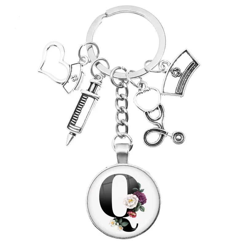 Latest Home Stethoscope Nurse Syringe Keychain A-Z Round Glass Dome Cabochon Pendant Men and Women Fashion Charm Keychain