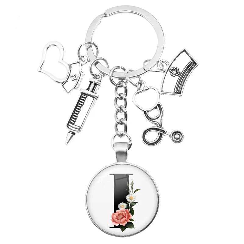 Latest Home Stethoscope Nurse Syringe Keychain A-Z Round Glass Dome Cabochon Pendant Men and Women Fashion Charm Keychain