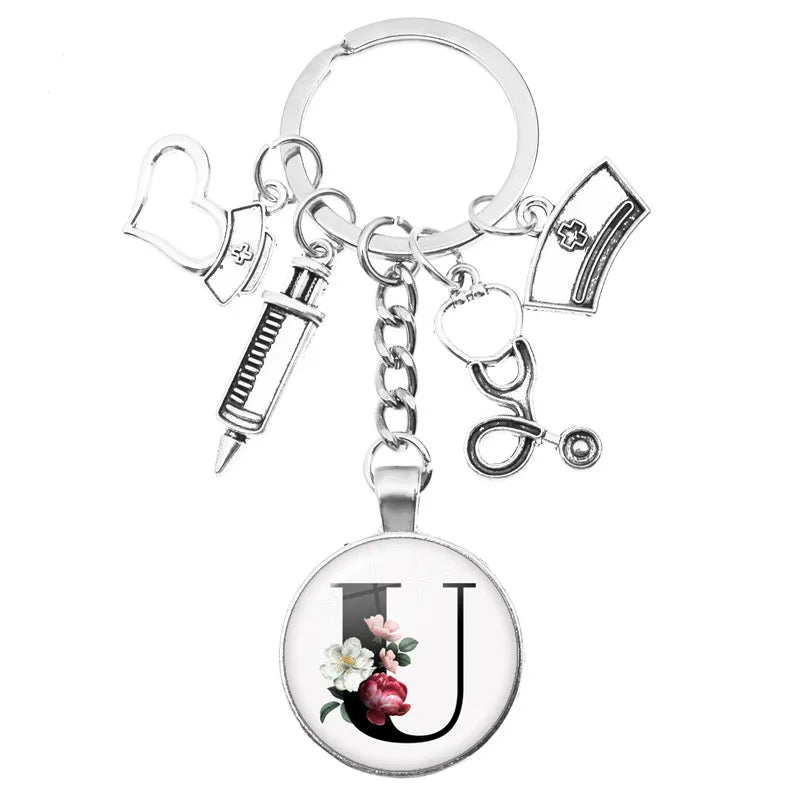 Latest Home Stethoscope Nurse Syringe Keychain A-Z Round Glass Dome Cabochon Pendant Men and Women Fashion Charm Keychain