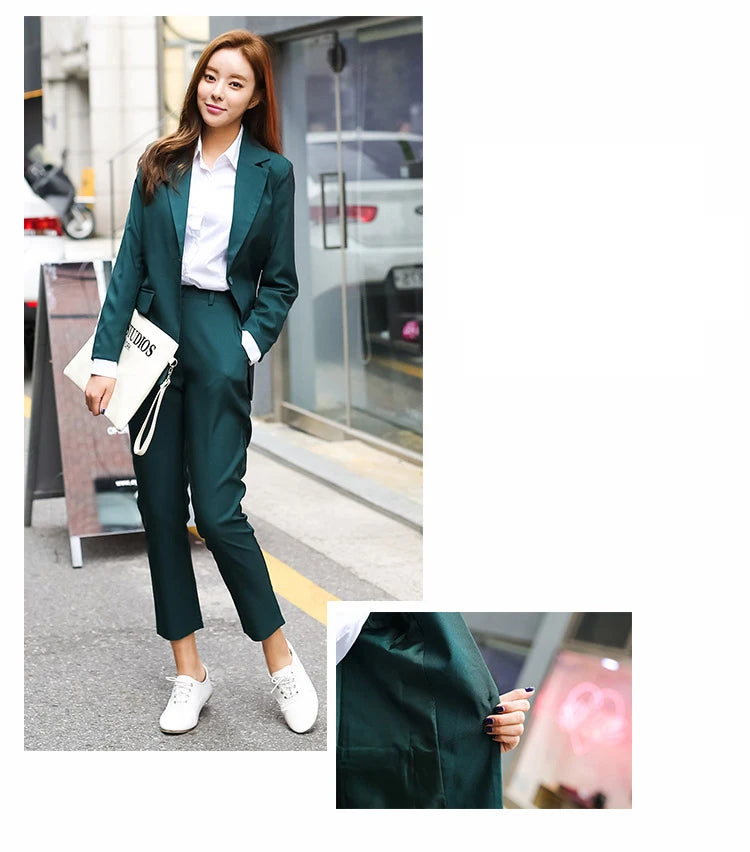 New Arrived Women Suit Fashion Slim Business Office OL Dark Green Jacket Set Formal Blazer + Pants Suits Feminino Female