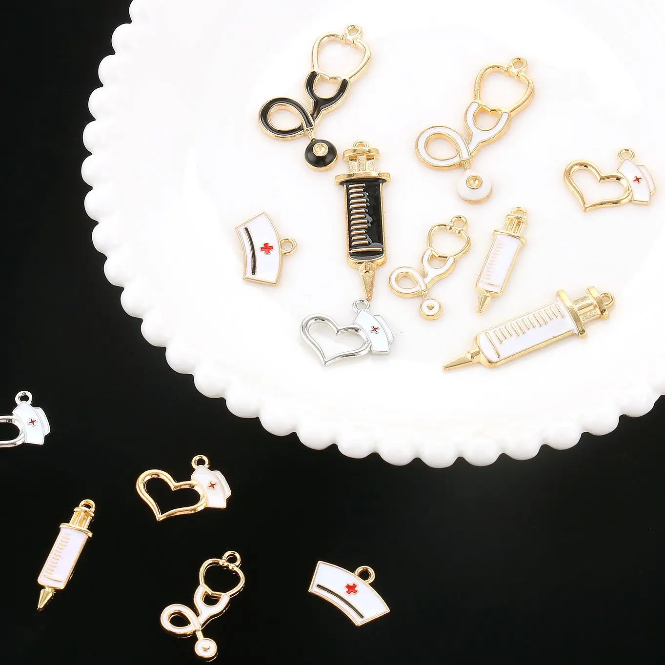10pcs Nurse Medical Tool Injection Syringe Stethoscope Image Nurse Cap Charm Pendant Necklace Keychain For DIY Jewelry Making