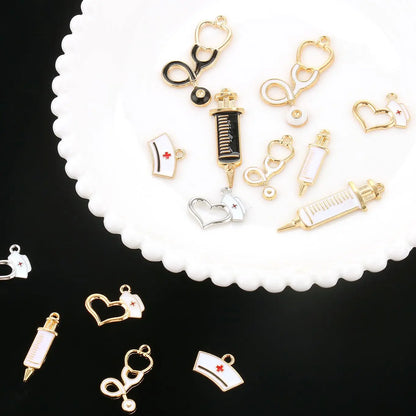 10pcs Nurse Medical Tool Injection Syringe Stethoscope Image Nurse Cap Charm Pendant Necklace Keychain For DIY Jewelry Making