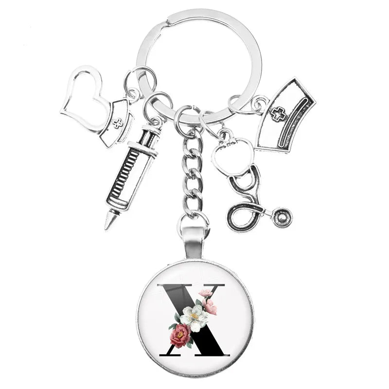Latest Home Stethoscope Nurse Syringe Keychain A-Z Round Glass Dome Cabochon Pendant Men and Women Fashion Charm Keychain