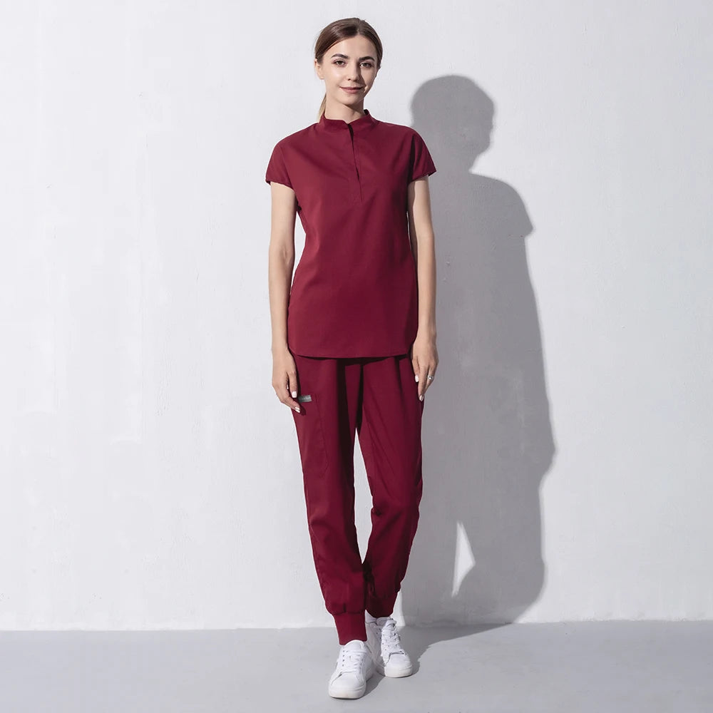 High Quality Denim Gray Scrubs Suits Tooth Check Workwear Spa Uniforms Beautician Scrub Work Suit Wholesale Scrubs Women Uniform
