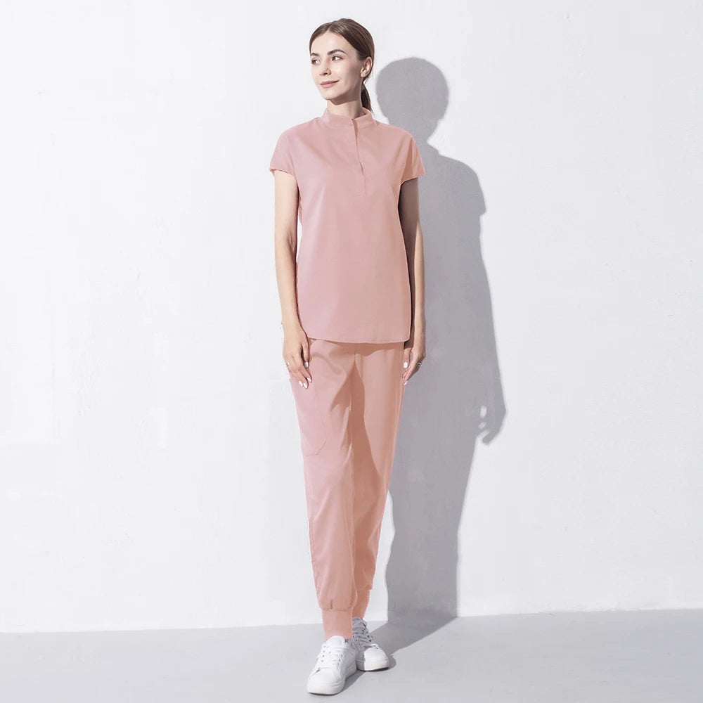 High Quality Denim Gray Scrubs Suits Tooth Check Workwear Spa Uniforms Beautician Scrub Work Suit Wholesale Scrubs Women Uniform