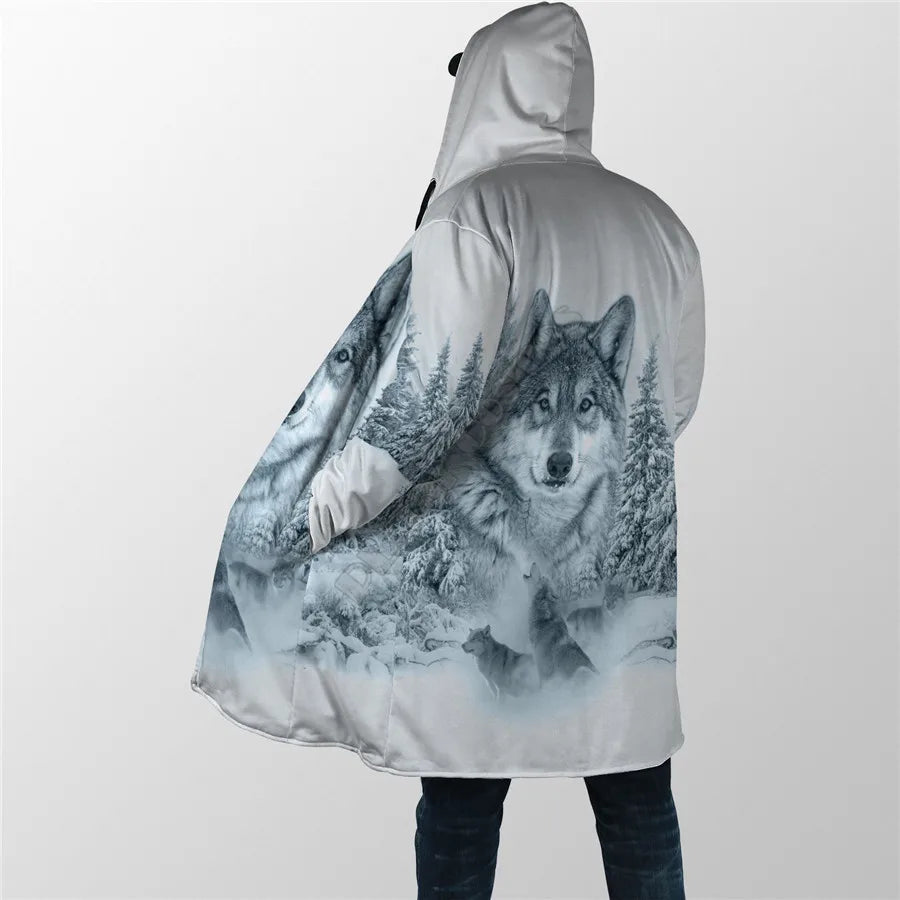 Winter Men For Women Hooded Cloak Beautifull White Wolf 3D All Over Prined Fleece wind breaker Warm Hood cloak