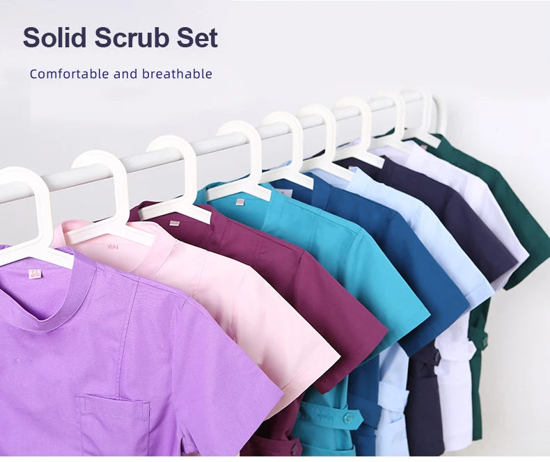 Clearance Scrub Set Uniform Solid Color Workwear Scrubs Uniforms Round Neck Women Men Working Suit Beautician Outfit Top Pant