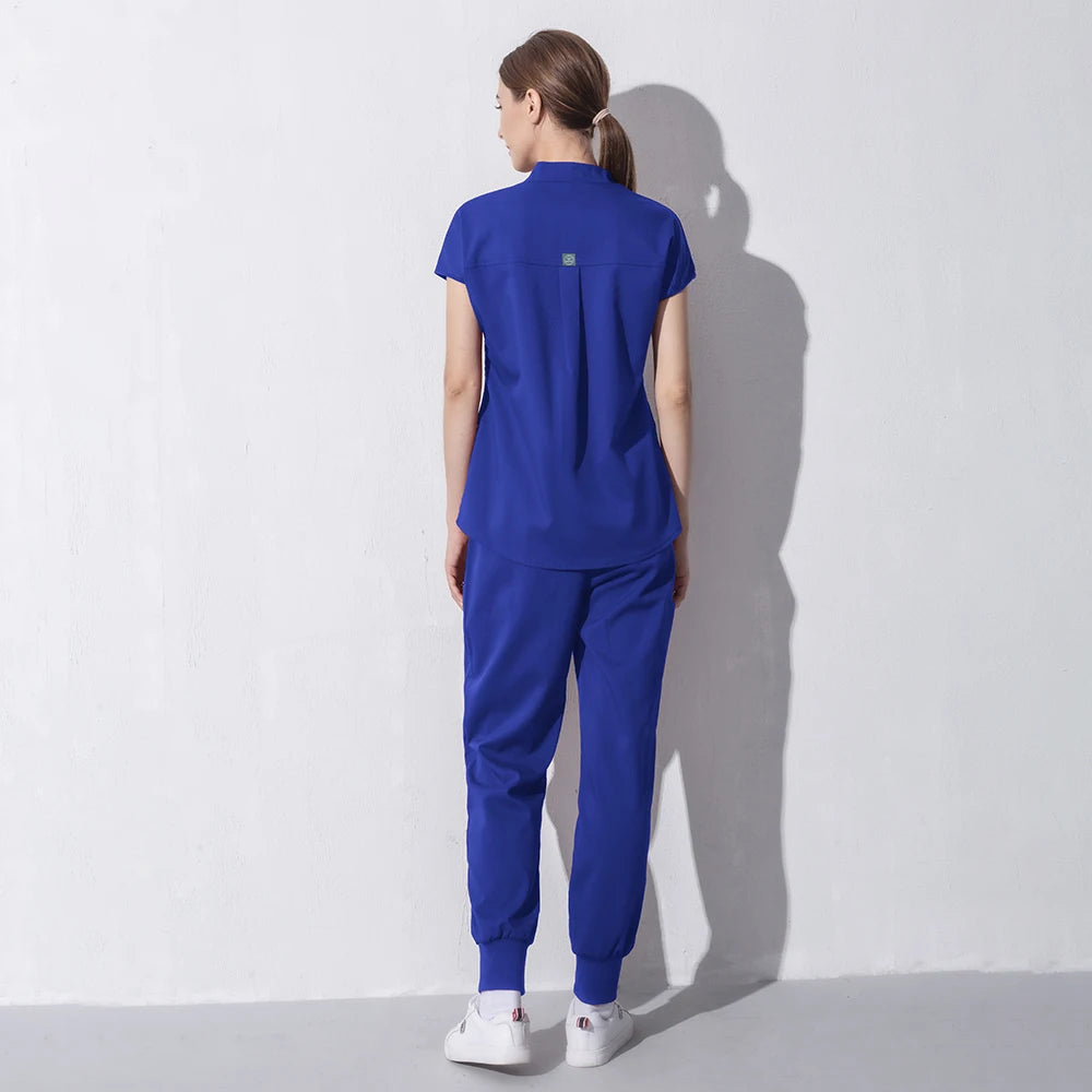 High Quality Denim Gray Scrubs Suits Tooth Check Workwear Spa Uniforms Beautician Scrub Work Suit Wholesale Scrubs Women Uniform