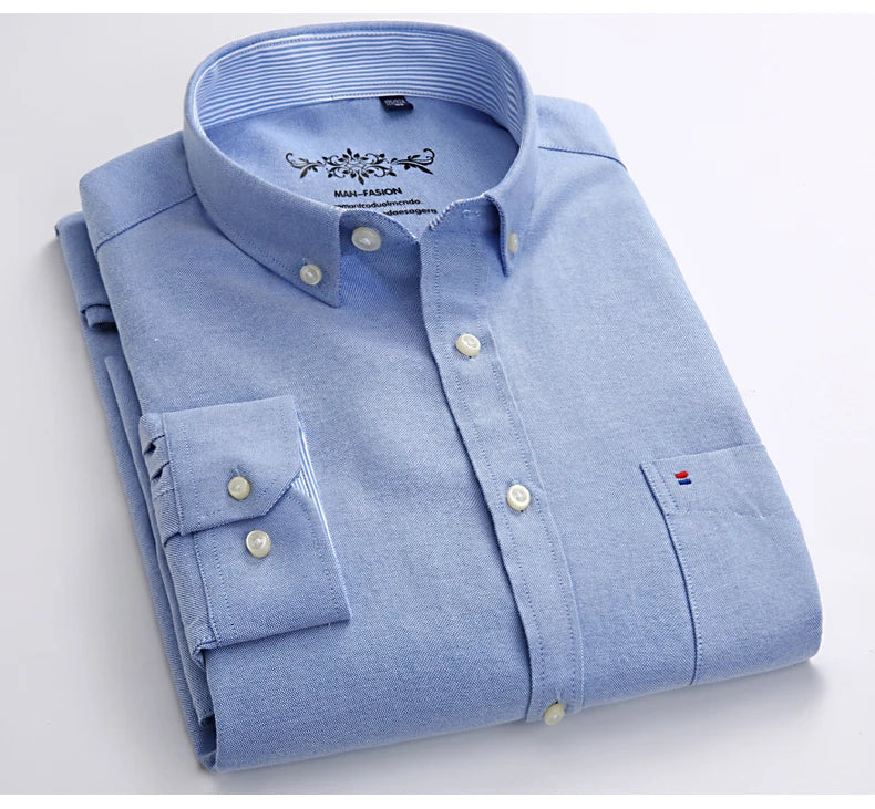 New S-7XLCotton Oxford Shirt For Mens Long Sleeve Plaid Striped Casual Shirts Male Pocket Regular-Fit Button-Down Work Man Shirt