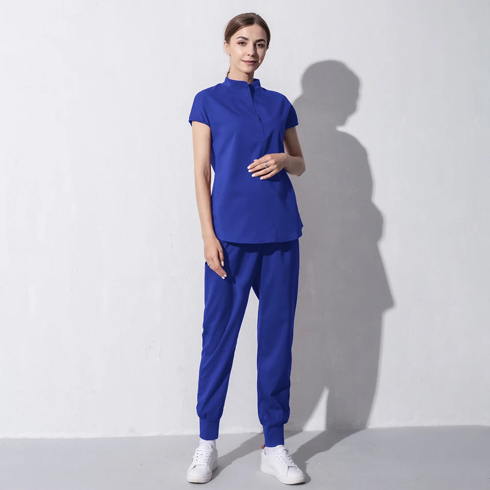High Quality Denim Gray Scrubs Suits Tooth Check Workwear Spa Uniforms Beautician Scrub Work Suit Wholesale Scrubs Women Uniform
