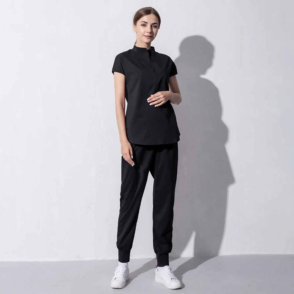 High Quality Denim Gray Scrubs Suits Tooth Check Workwear Spa Uniforms Beautician Scrub Work Suit Wholesale Scrubs Women Uniform
