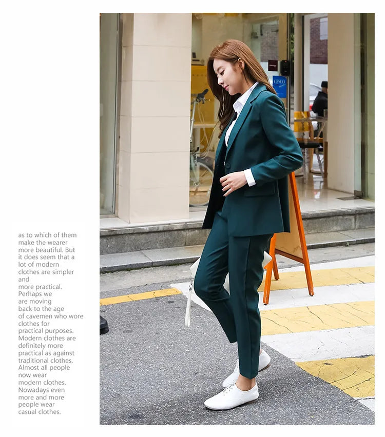New Arrived Women Suit Fashion Slim Business Office OL Dark Green Jacket Set Formal Blazer + Pants Suits Feminino Female
