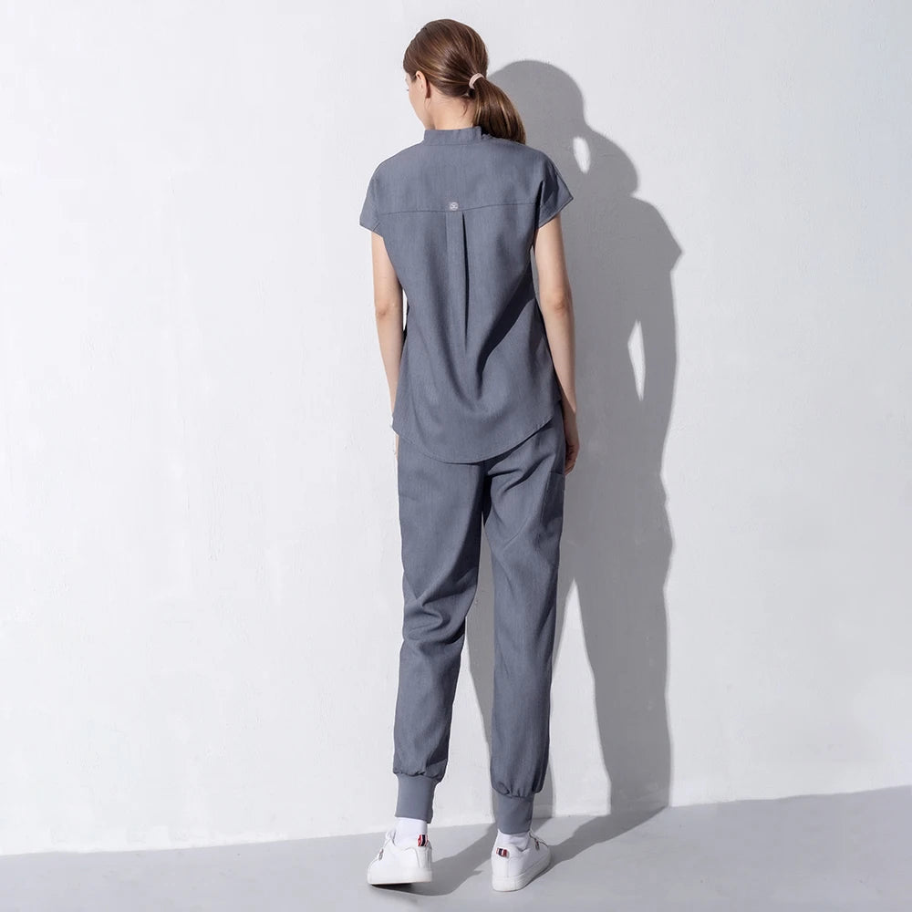 High Quality Denim Gray Scrubs Suits Tooth Check Workwear Spa Uniforms Beautician Scrub Work Suit Wholesale Scrubs Women Uniform