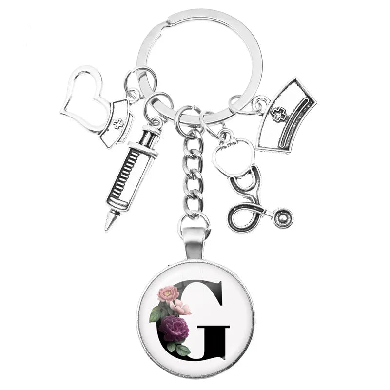 Latest Home Stethoscope Nurse Syringe Keychain A-Z Round Glass Dome Cabochon Pendant Men and Women Fashion Charm Keychain