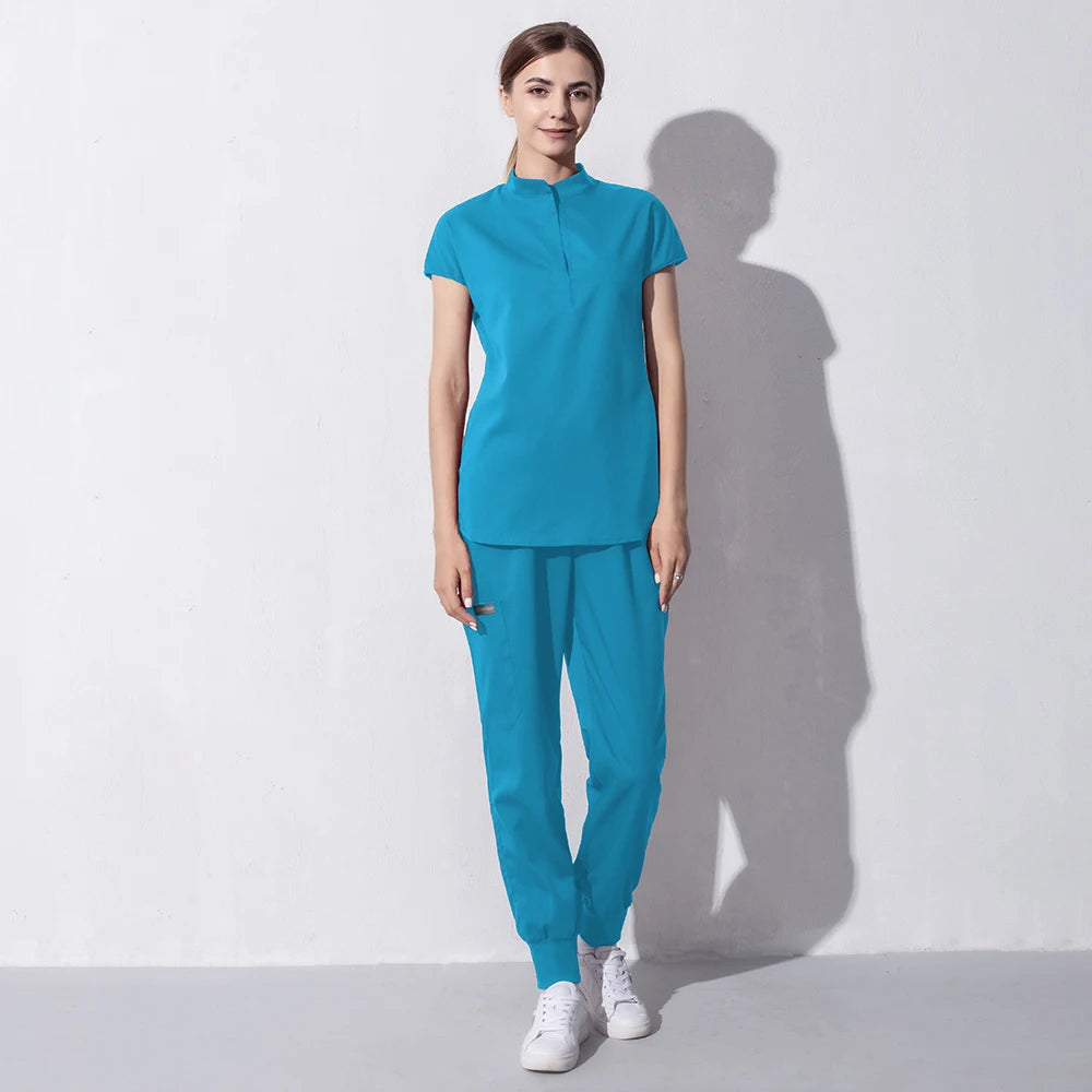 High Quality Denim Gray Scrubs Suits Tooth Check Workwear Spa Uniforms Beautician Scrub Work Suit Wholesale Scrubs Women Uniform