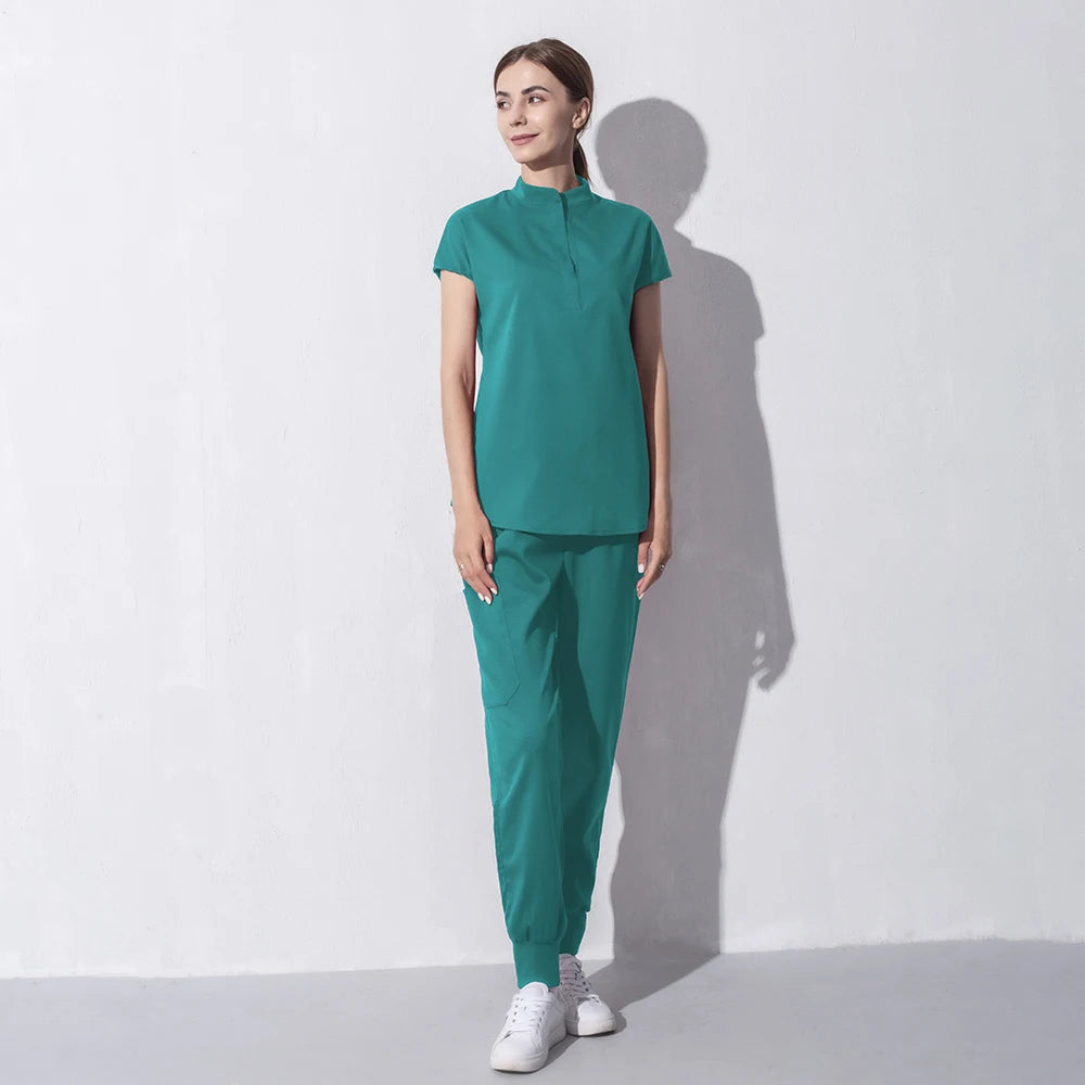 High Quality Denim Gray Scrubs Suits Tooth Check Workwear Spa Uniforms Beautician Scrub Work Suit Wholesale Scrubs Women Uniform