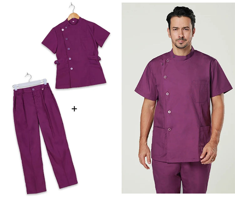 Clearance Scrub Set Uniform Solid Color Workwear Scrubs Uniforms Round Neck Women Men Working Suit Beautician Outfit Top Pant