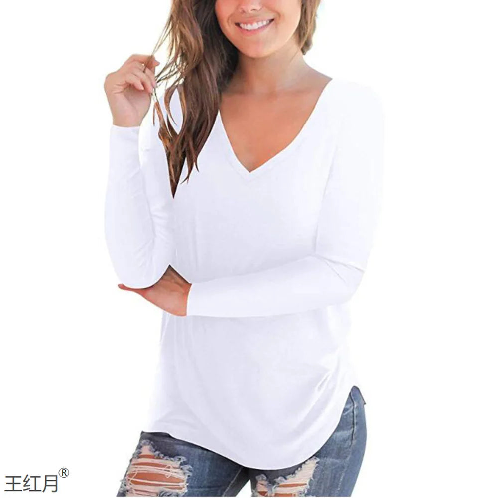 Plus Size S-5xl Summer Women Long Sleeve Women Top V-neck Long-sleeved Women T-shirt Female Oversized T-shirt Women Sexy Tops