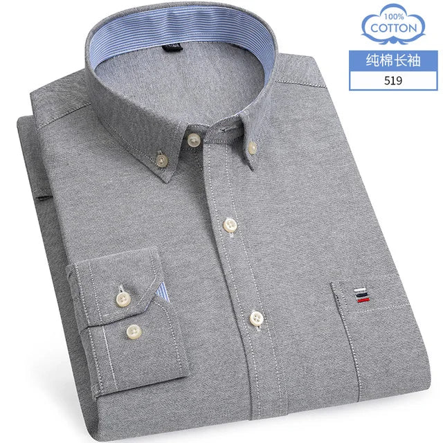New S-7XLCotton Oxford Shirt For Mens Long Sleeve Plaid Striped Casual Shirts Male Pocket Regular-Fit Button-Down Work Man Shirt