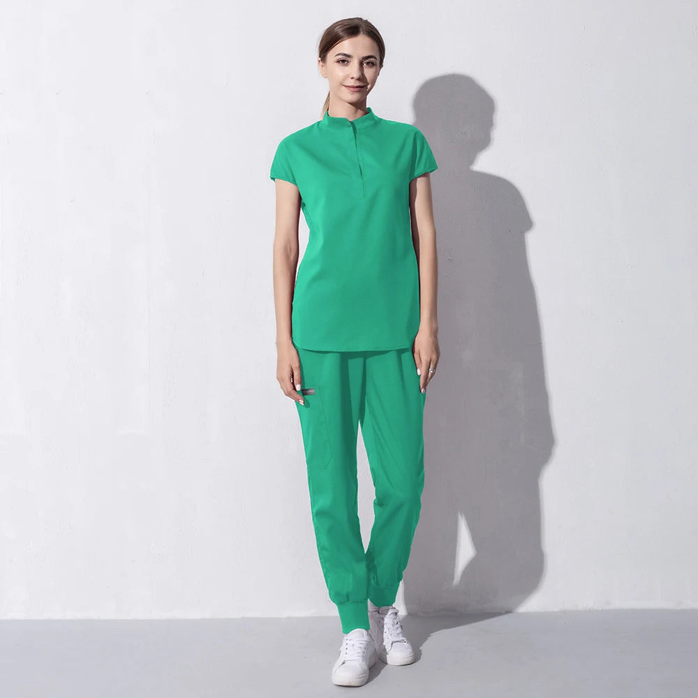 High Quality Denim Gray Scrubs Suits Tooth Check Workwear Spa Uniforms Beautician Scrub Work Suit Wholesale Scrubs Women Uniform