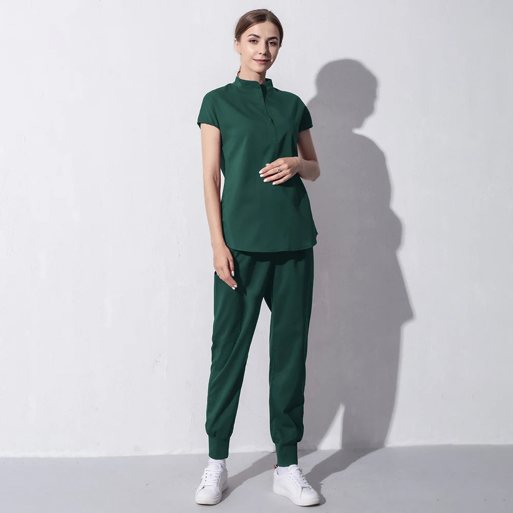 High Quality Denim Gray Scrubs Suits Tooth Check Workwear Spa Uniforms Beautician Scrub Work Suit Wholesale Scrubs Women Uniform