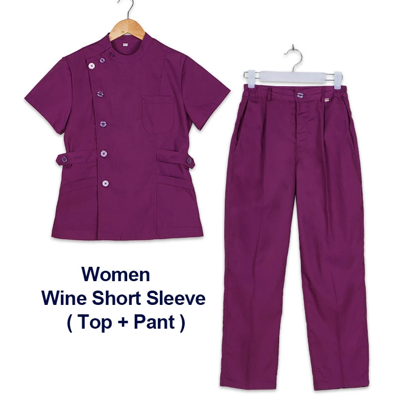Clearance Scrub Set Uniform Solid Color Workwear Scrubs Uniforms Round Neck Women Men Working Suit Beautician Outfit Top Pant