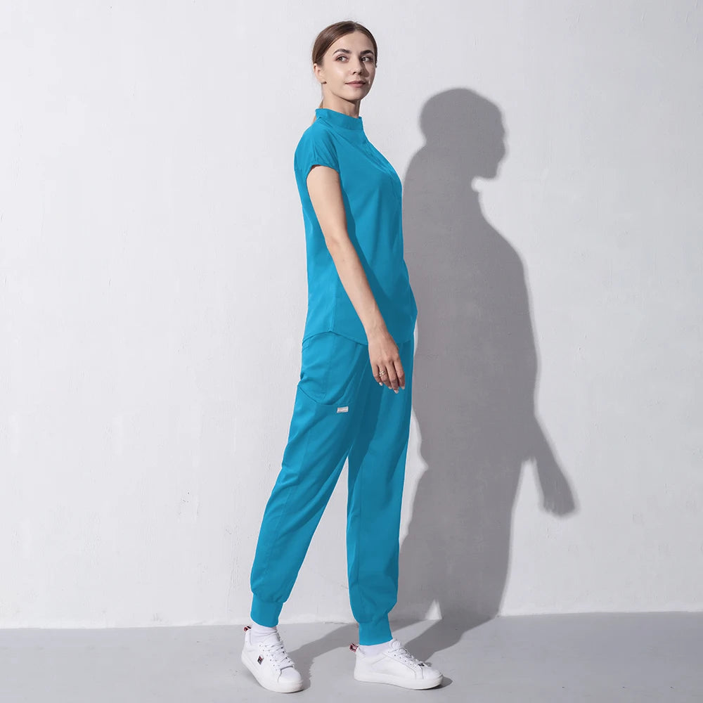 High Quality Denim Gray Scrubs Suits Tooth Check Workwear Spa Uniforms Beautician Scrub Work Suit Wholesale Scrubs Women Uniform