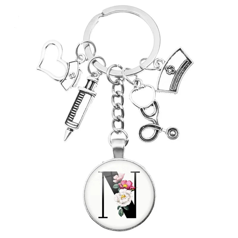 Latest Home Stethoscope Nurse Syringe Keychain A-Z Round Glass Dome Cabochon Pendant Men and Women Fashion Charm Keychain