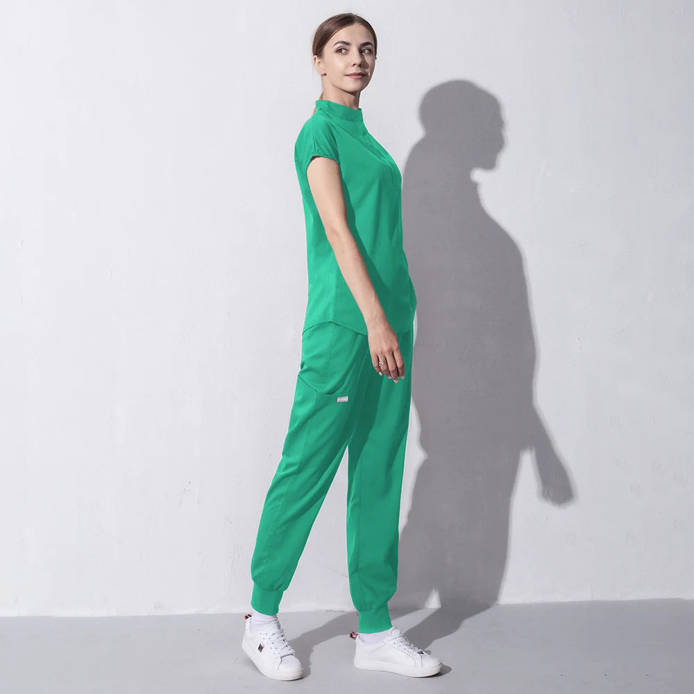 High Quality Denim Gray Scrubs Suits Tooth Check Workwear Spa Uniforms Beautician Scrub Work Suit Wholesale Scrubs Women Uniform