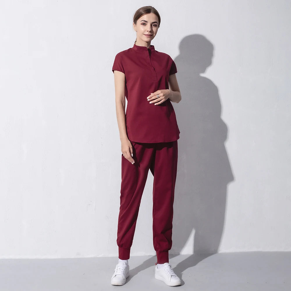 High Quality Denim Gray Scrubs Suits Tooth Check Workwear Spa Uniforms Beautician Scrub Work Suit Wholesale Scrubs Women Uniform