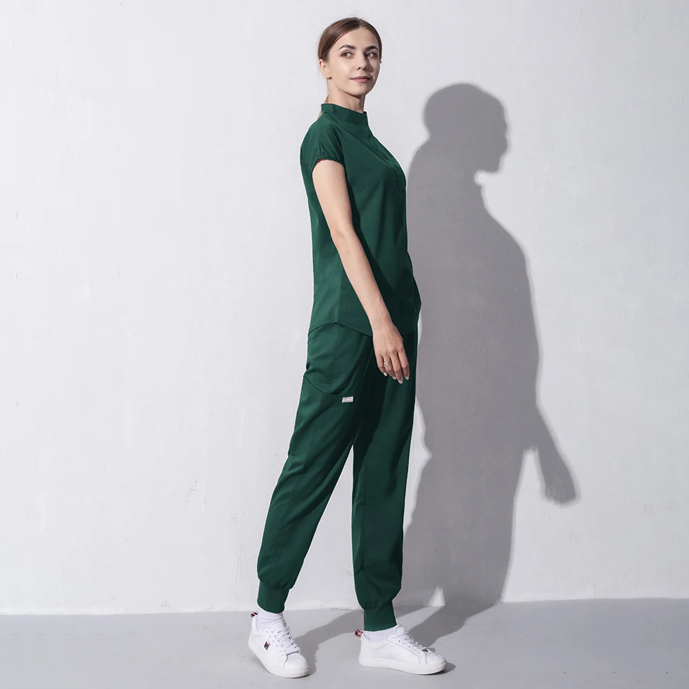 High Quality Denim Gray Scrubs Suits Tooth Check Workwear Spa Uniforms Beautician Scrub Work Suit Wholesale Scrubs Women Uniform