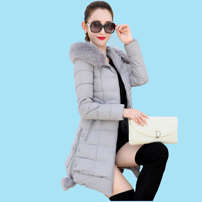 Winter Jacket Women winter coat pure color casual Fur Collar Hooded long hooded cotton lady jacket