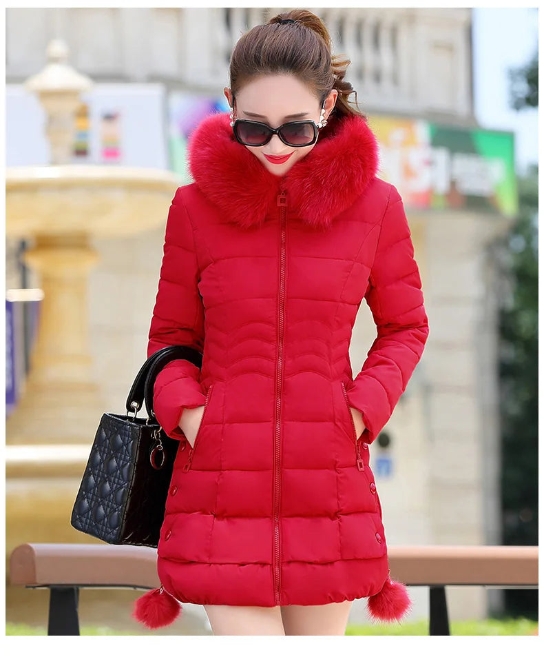 Winter Jacket Women 2023 winter coat pure color casual Fur Collar Hooded long hooded cotton lady jacket