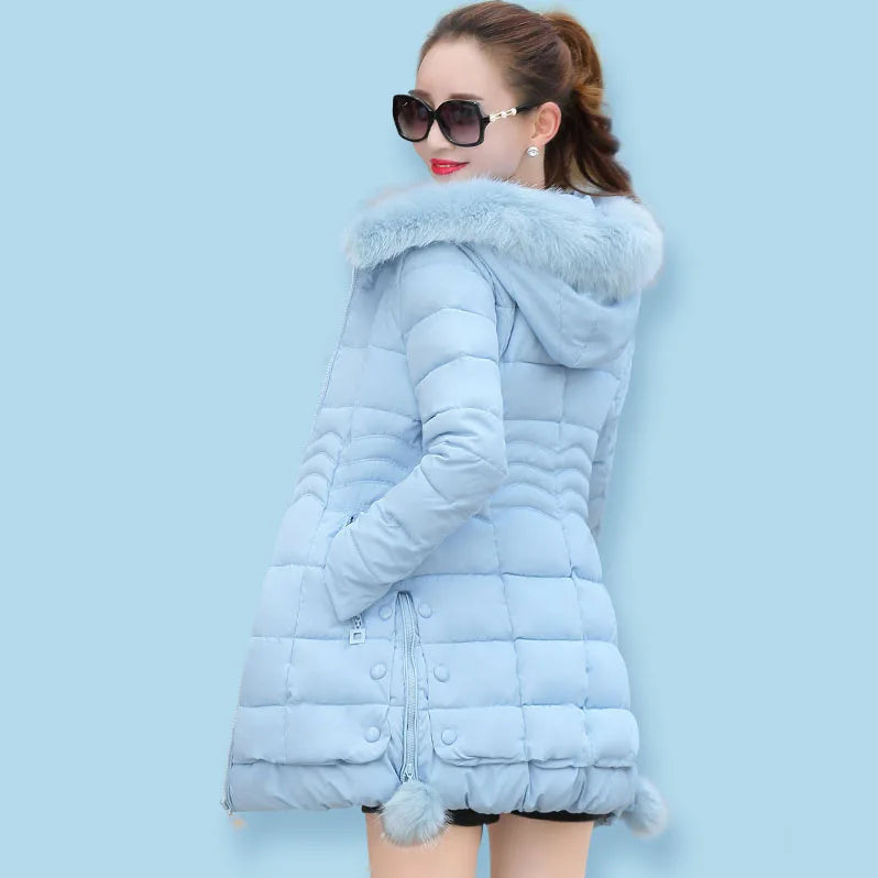 Winter Jacket Women winter coat pure color casual Fur Collar Hooded long hooded cotton lady jacket