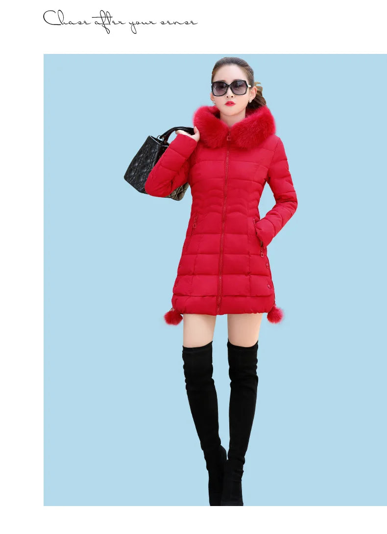 Winter Jacket Women winter coat pure color casual Fur Collar Hooded long hooded cotton lady jacket