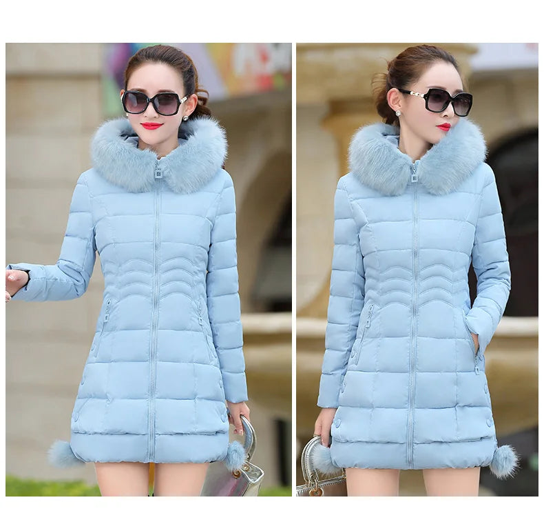 Winter Jacket Women winter coat pure color casual Fur Collar Hooded long hooded cotton lady jacket