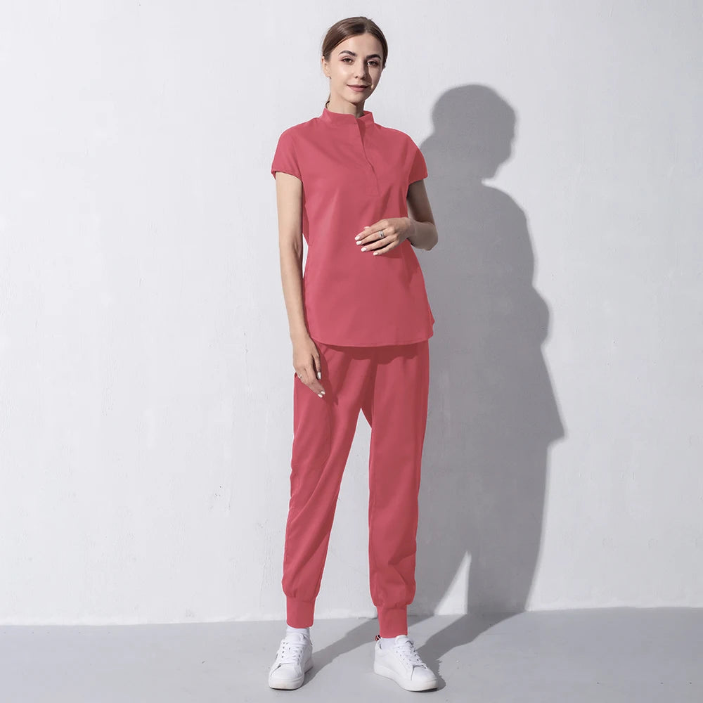 High Quality Denim Gray Scrubs Suits Tooth Check Workwear Spa Uniforms Beautician Scrub Work Suit Wholesale Scrubs Women Uniform