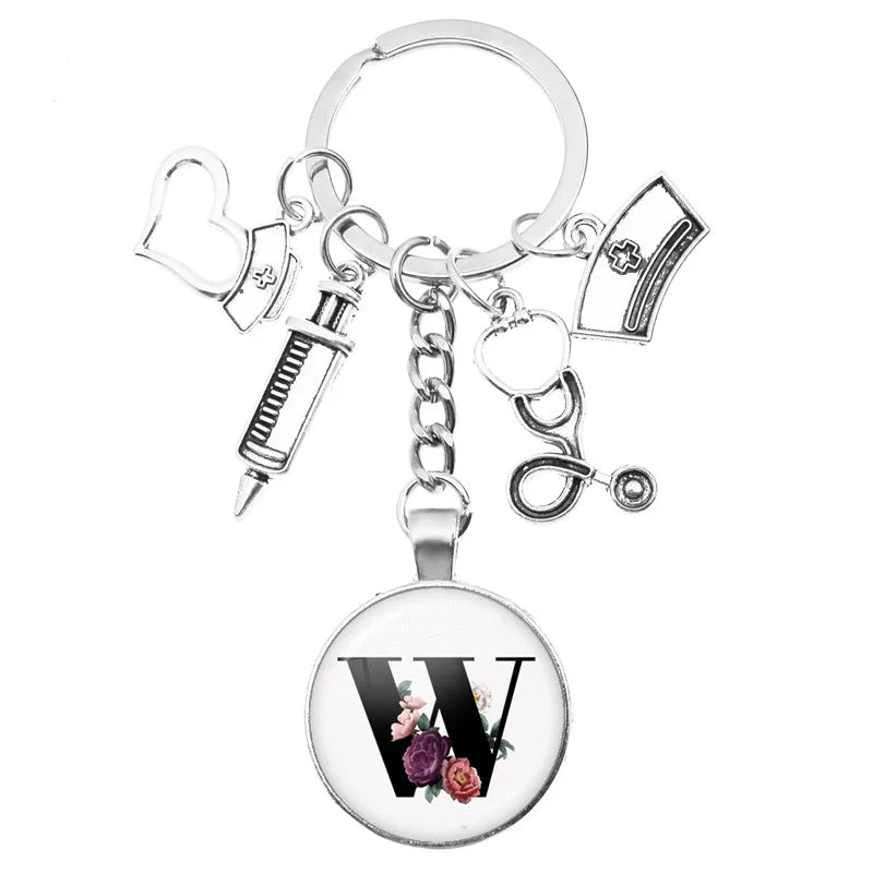 Latest Home Stethoscope Nurse Syringe Keychain A-Z Round Glass Dome Cabochon Pendant Men and Women Fashion Charm Keychain