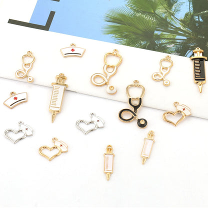 10pcs Nurse Medical Tool Injection Syringe Stethoscope Image Nurse Cap Charm Pendant Necklace Keychain For DIY Jewelry Making