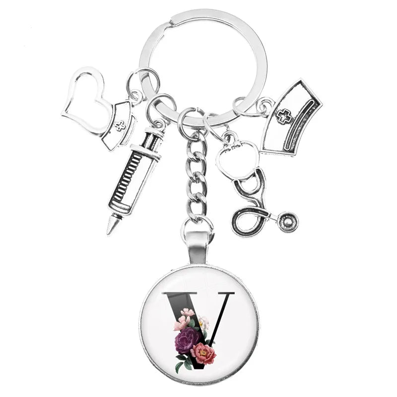 Latest Home Stethoscope Nurse Syringe Keychain A-Z Round Glass Dome Cabochon Pendant Men and Women Fashion Charm Keychain