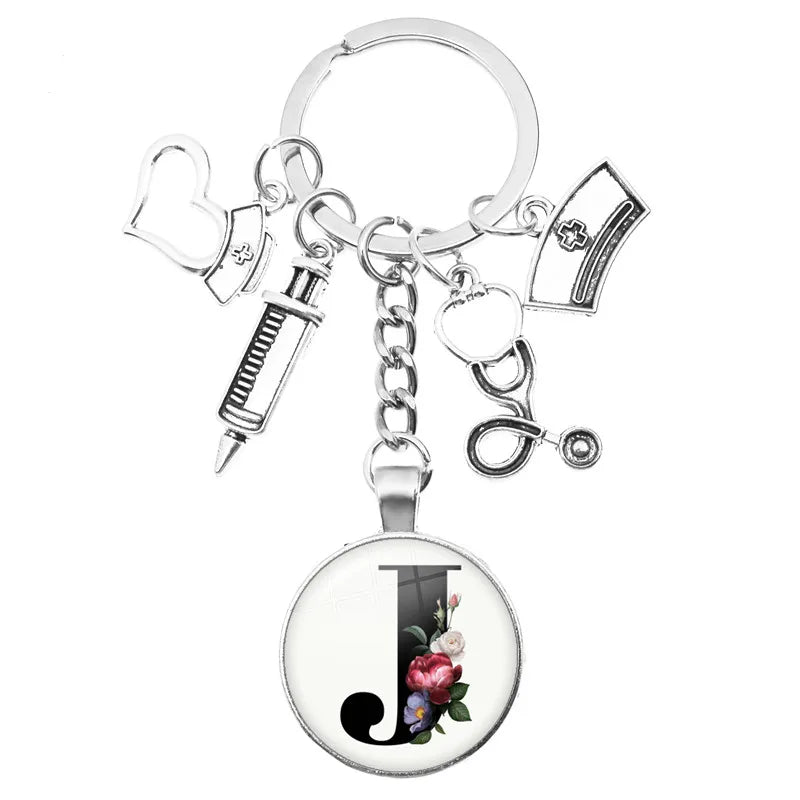 Latest Home Stethoscope Nurse Syringe Keychain A-Z Round Glass Dome Cabochon Pendant Men and Women Fashion Charm Keychain