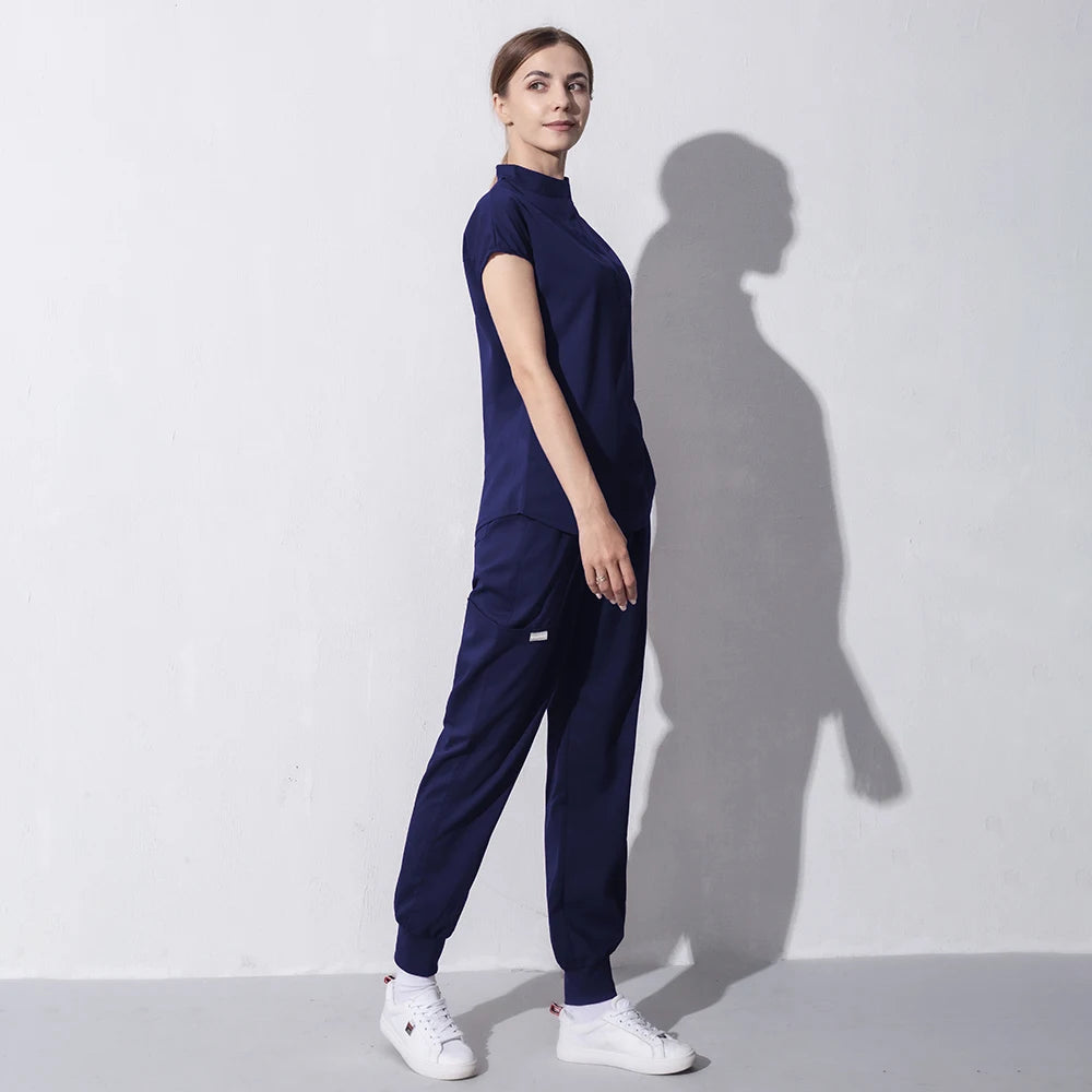 High Quality Denim Gray Scrubs Suits Tooth Check Workwear Spa Uniforms Beautician Scrub Work Suit Wholesale Scrubs Women Uniform