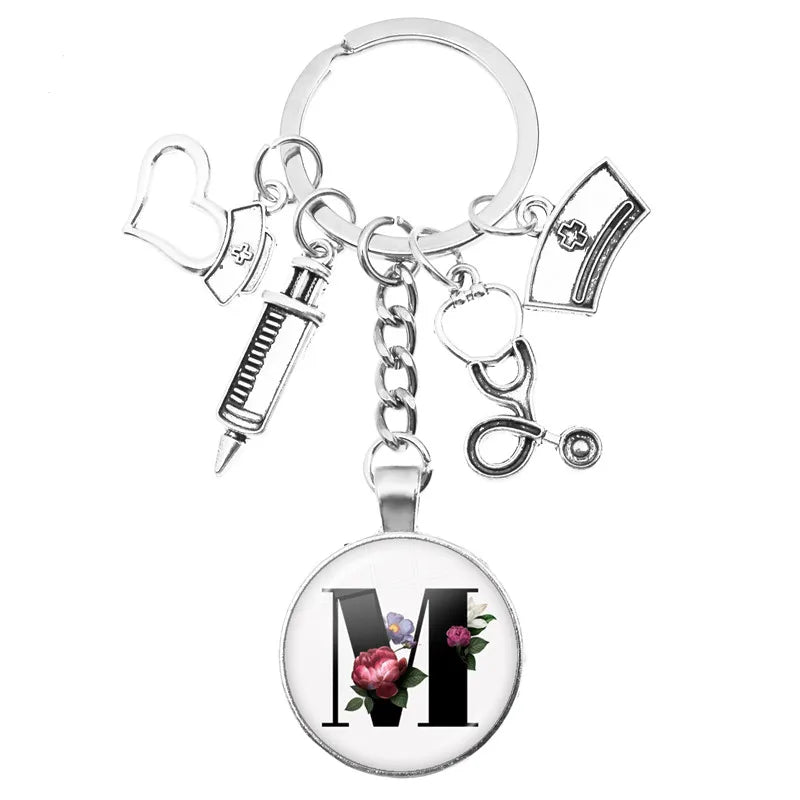 Latest Home Stethoscope Nurse Syringe Keychain A-Z Round Glass Dome Cabochon Pendant Men and Women Fashion Charm Keychain