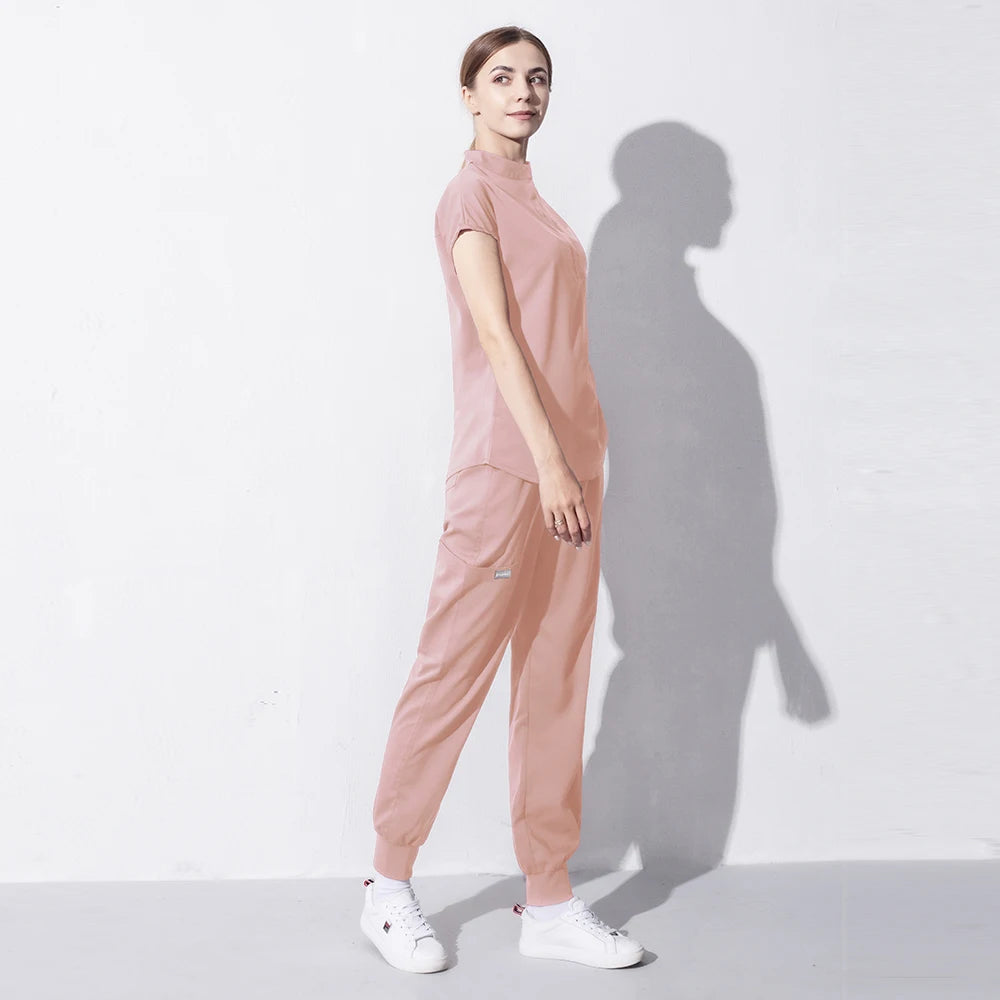 High Quality Denim Gray Scrubs Suits Tooth Check Workwear Spa Uniforms Beautician Scrub Work Suit Wholesale Scrubs Women Uniform