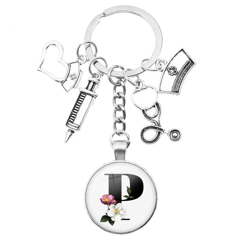 Latest Home Stethoscope Nurse Syringe Keychain A-Z Round Glass Dome Cabochon Pendant Men and Women Fashion Charm Keychain
